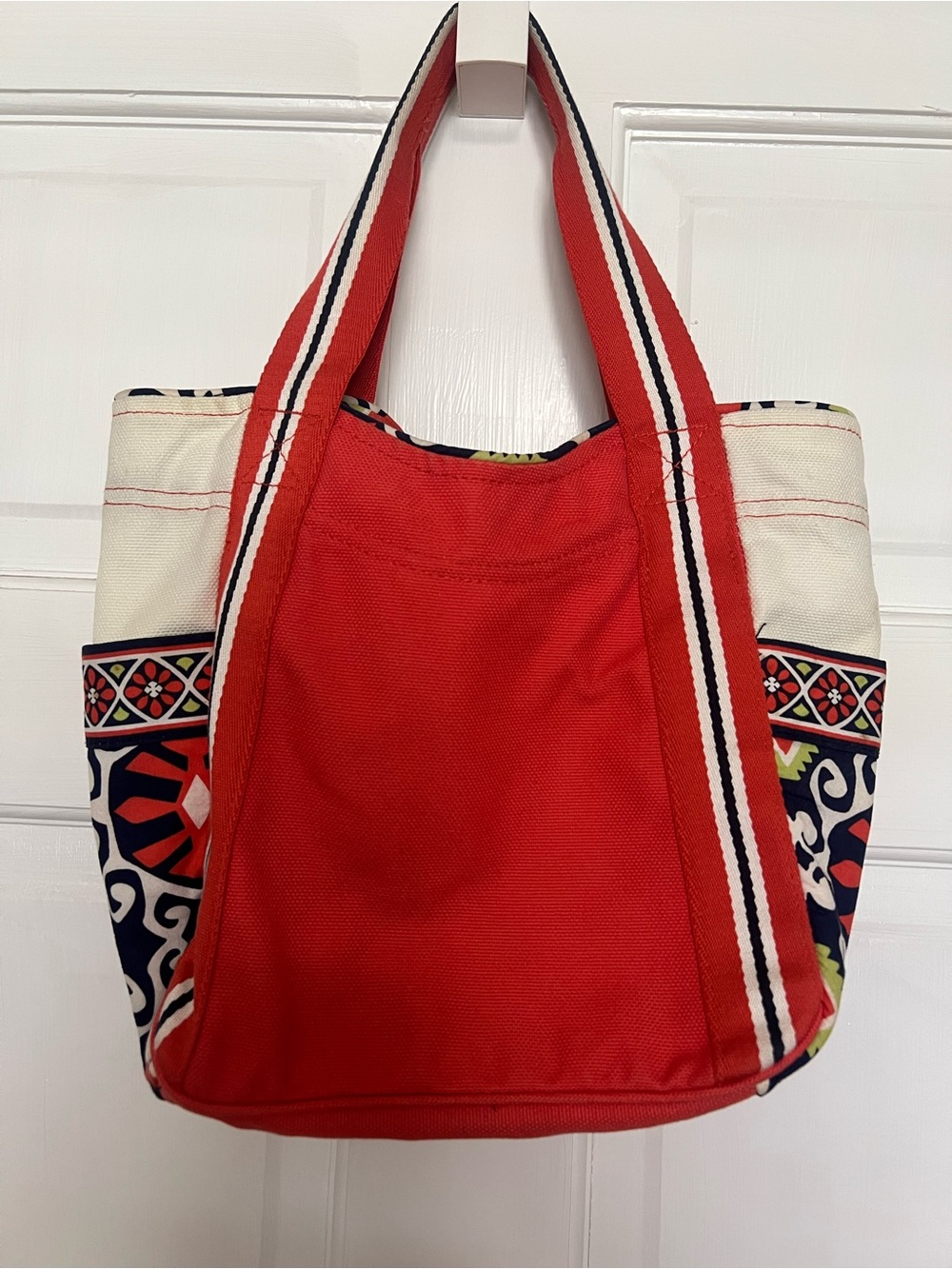 Vera Bradley Red Canvas Tote with Patterned Trim